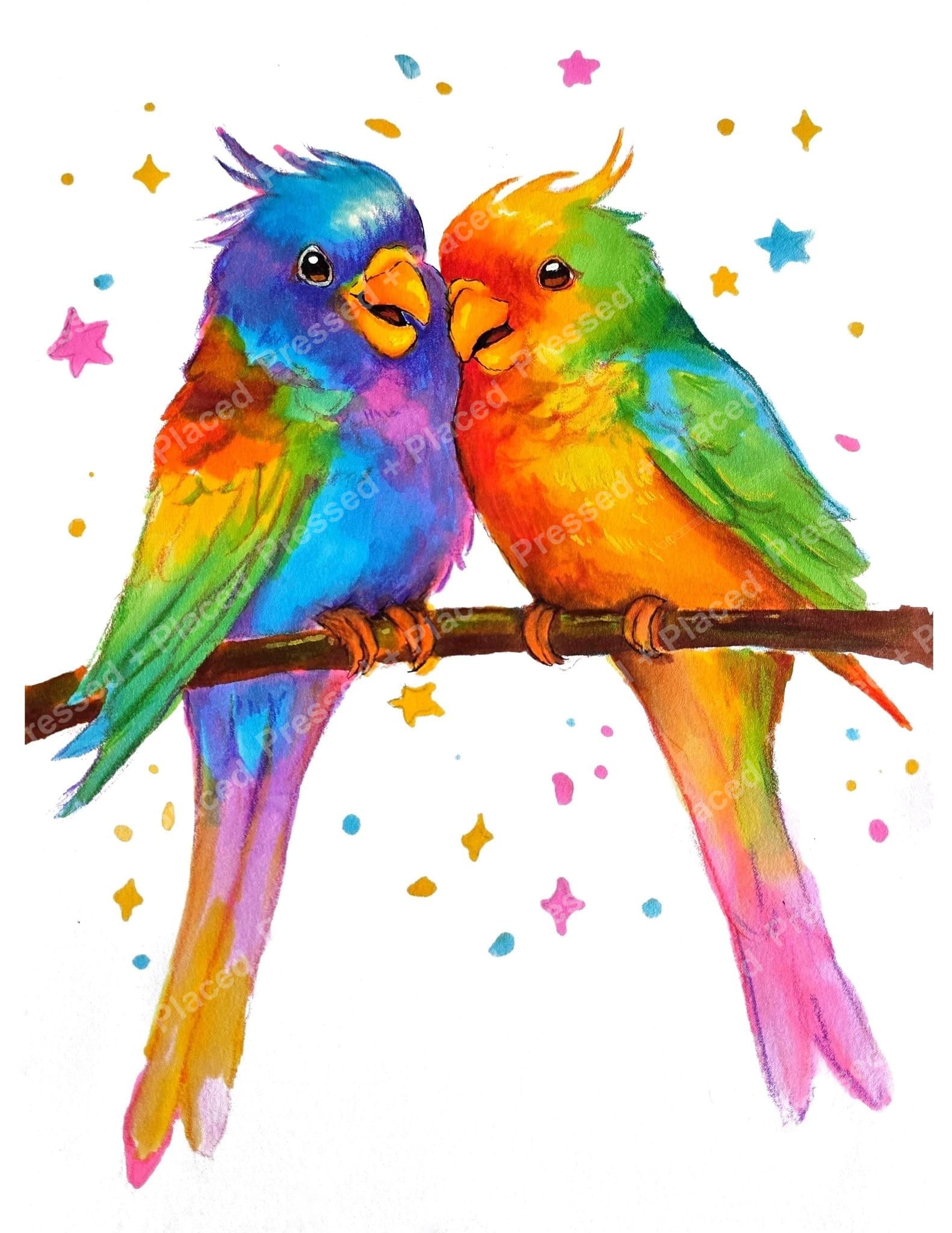 Two rainbow parrots perched on a branch in a whimsical watercolor style