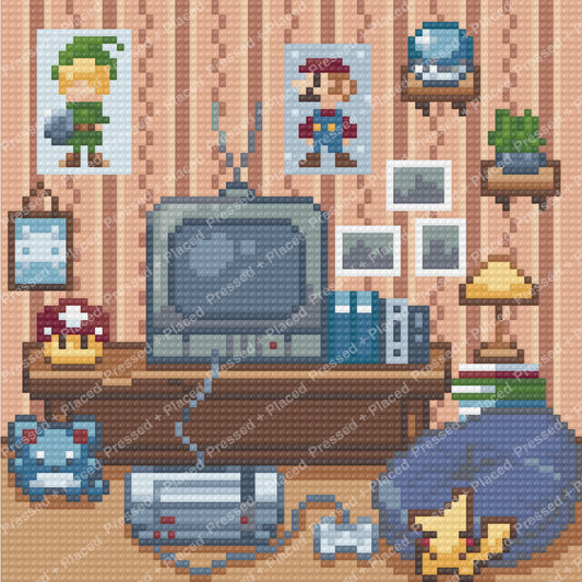 Pixel art gaming room with retro TV, classic characters, and nostalgic decor