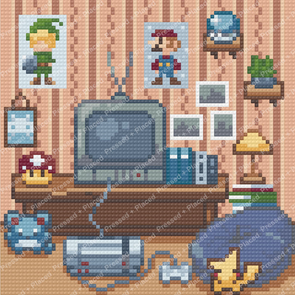 Pixel art gaming room with retro TV, classic characters, and nostalgic decor