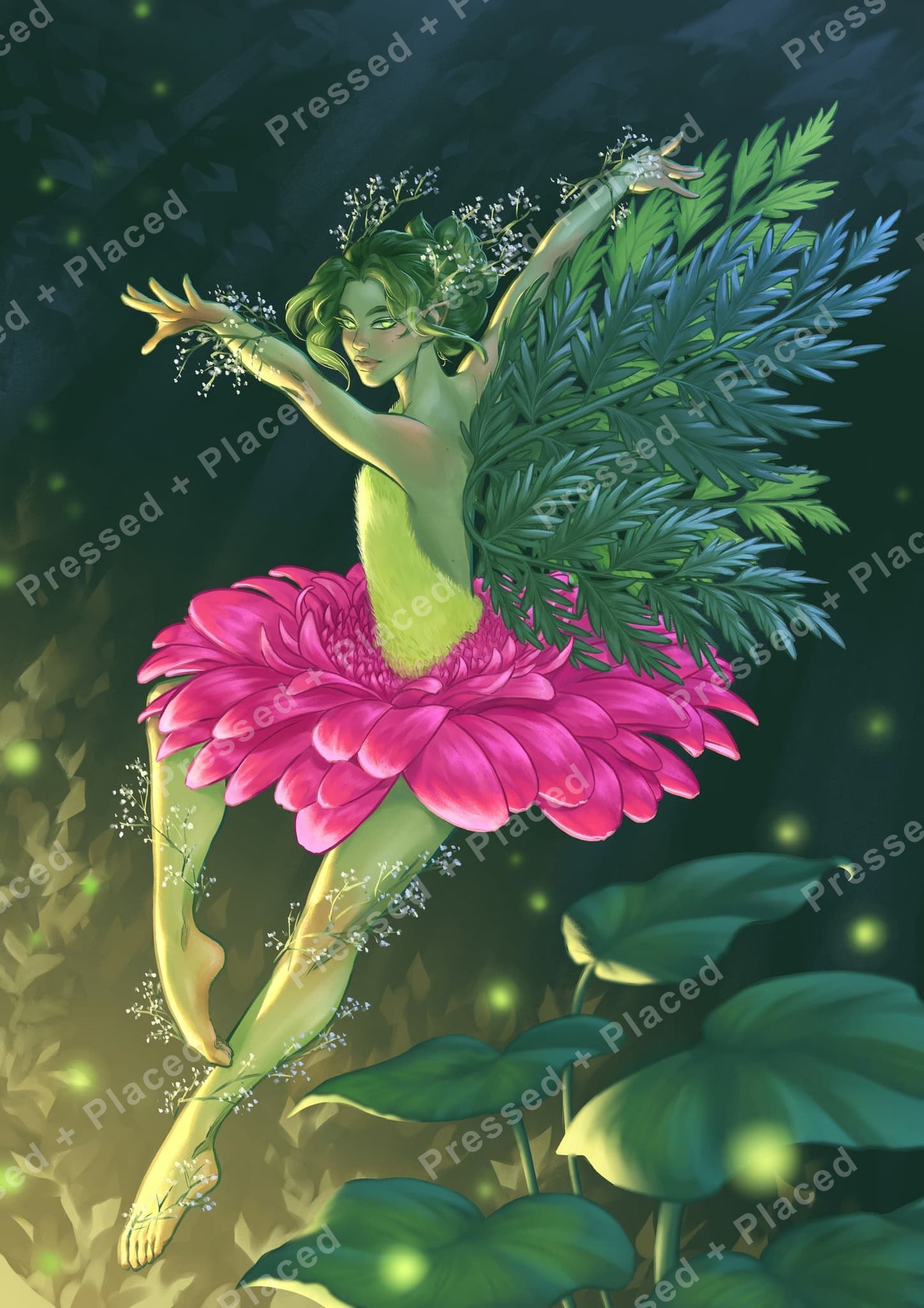 Fantasy fairy dancing in a pink flower skirt with lush green leaves and glowing forest accents