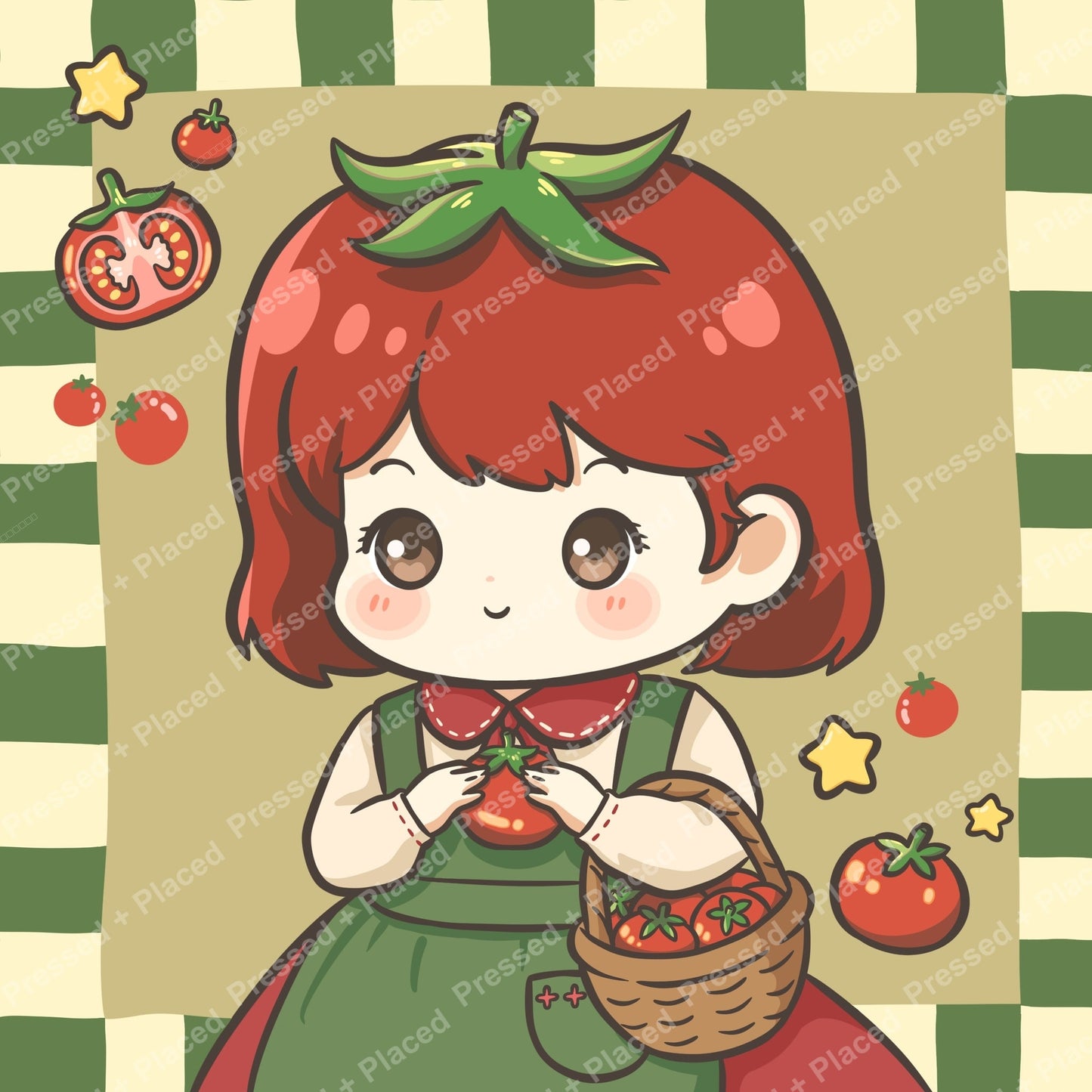 Cute kawaii tomato girl with basket, stars, and garden-inspired colors