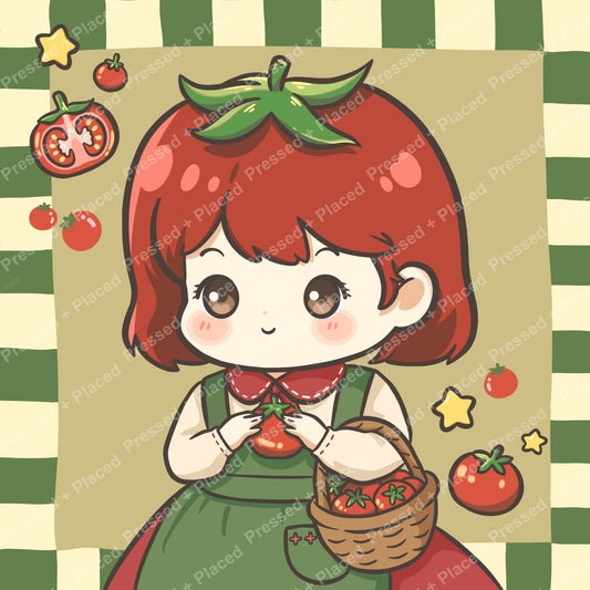 Cute kawaii tomato girl with basket, stars, and garden-inspired colors