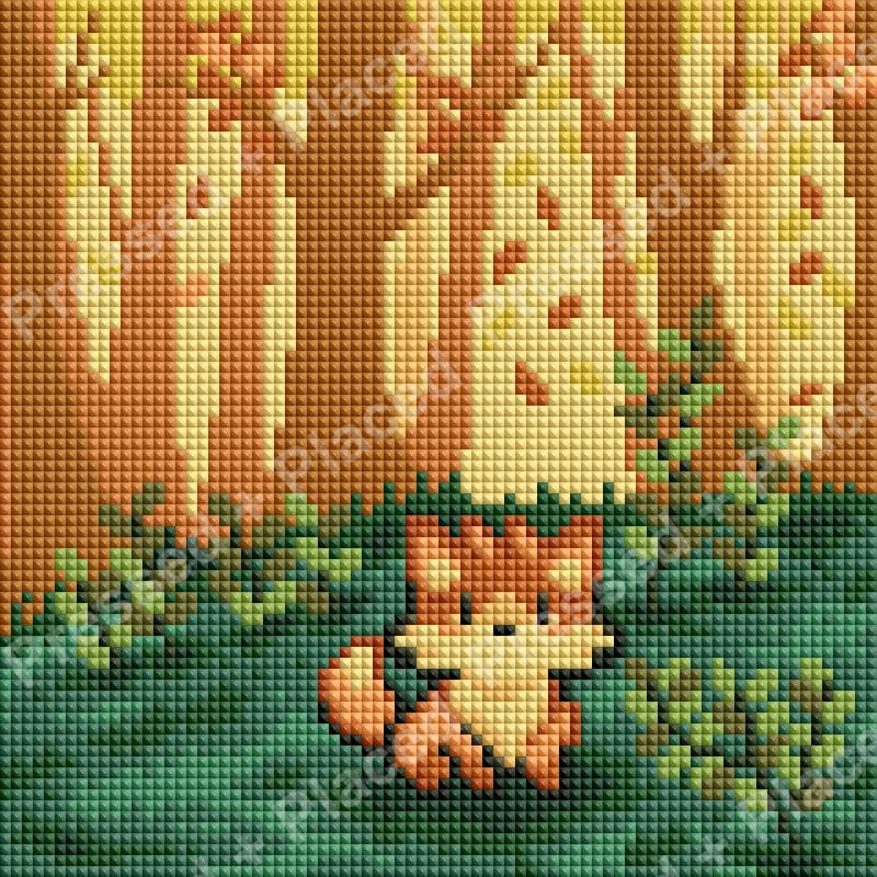 Fox resting in a woodland scene with warm golden trees and green forest details