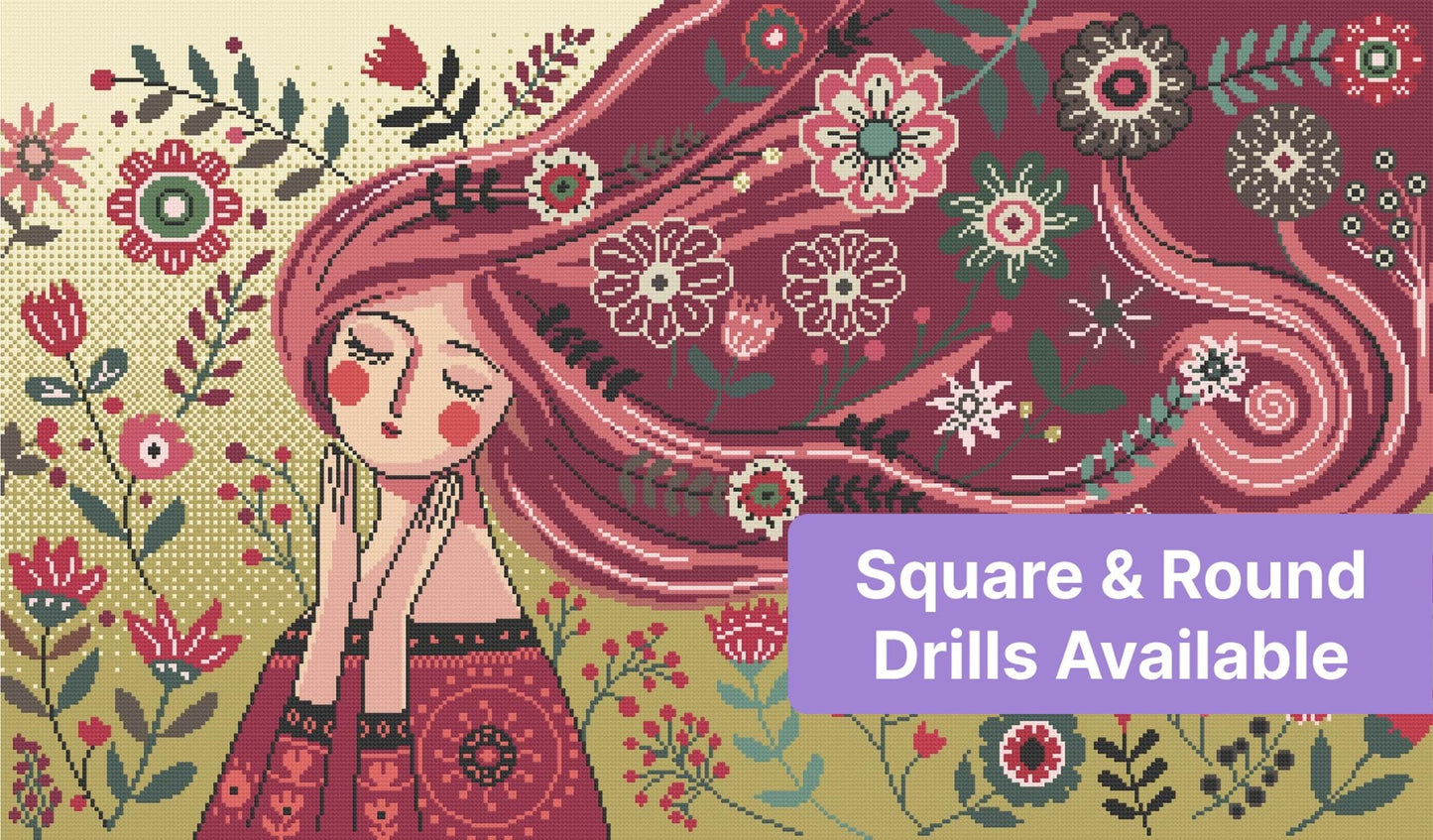 Whimsical girl with flowing red hair surrounded by colorful folk art flowers
