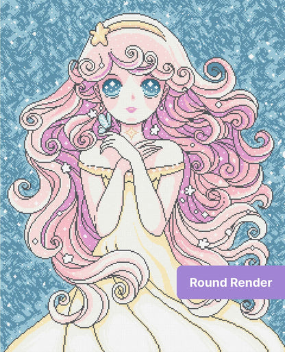 Anime-style pink-haired princess with starry blue background and pastel fantasy details