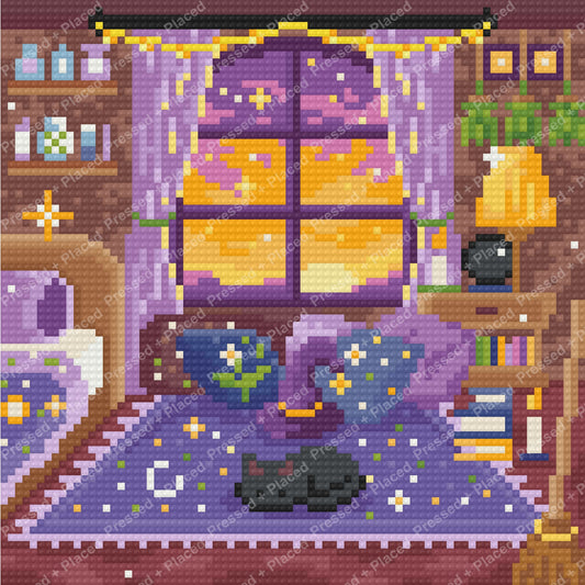 Cozy purple bedroom scene with glowing window, shelves, books, and a cat at night