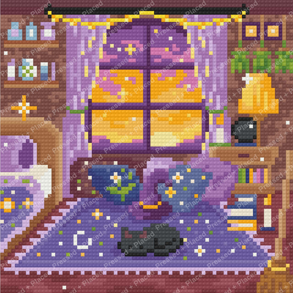 Cozy purple bedroom scene with glowing window, shelves, books, and a cat at night
