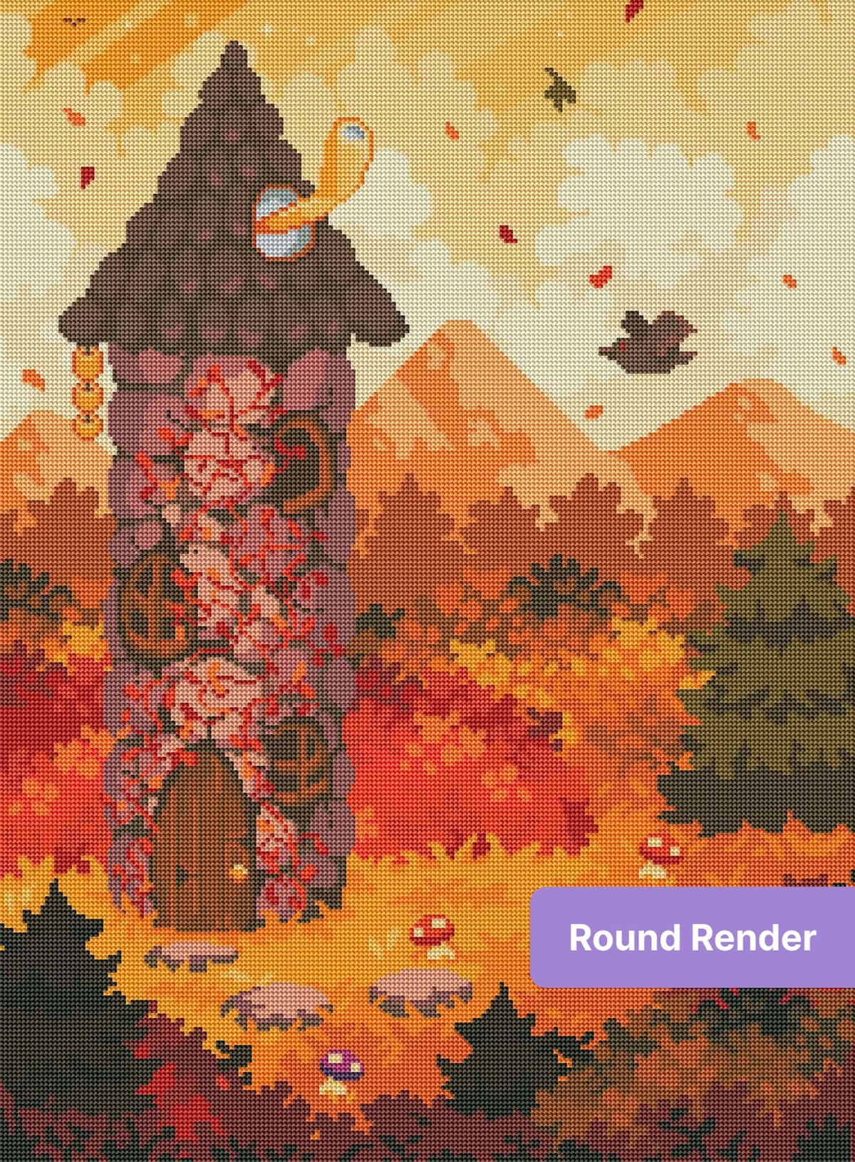 Pixel art forest tower surrounded by vivid autumn trees and warm mountain scenery