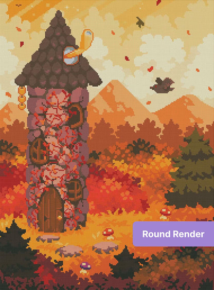 Pixel art forest tower surrounded by vivid autumn trees and warm mountain scenery