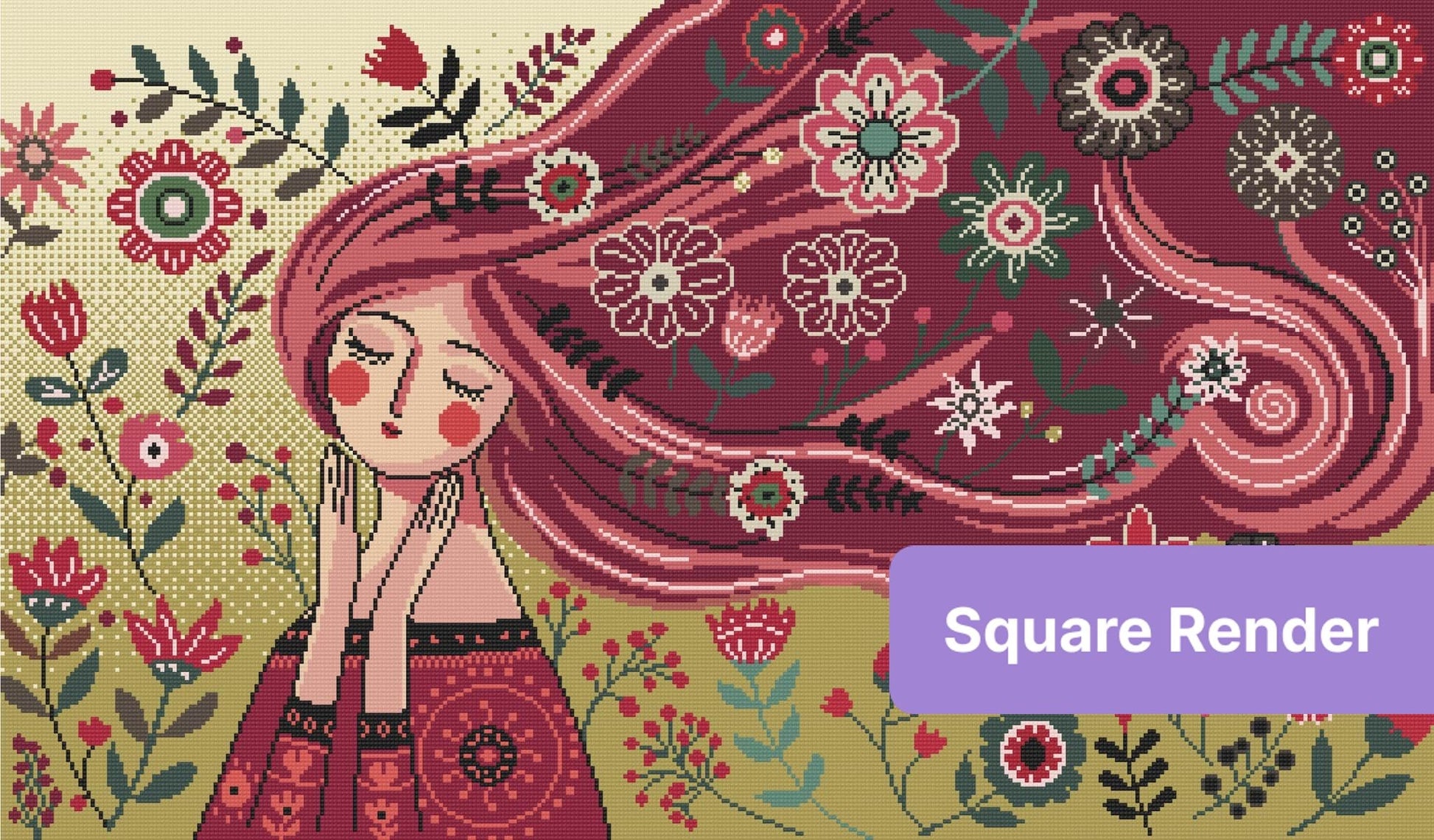 Whimsical girl with flowing red hair surrounded by colorful folk art flowers