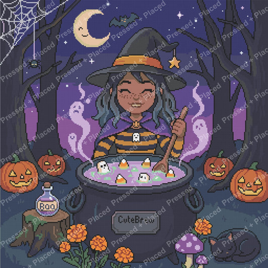 Cute witch in a Halloween scene with pumpkins, ghosts, bats, and a glowing cauldron