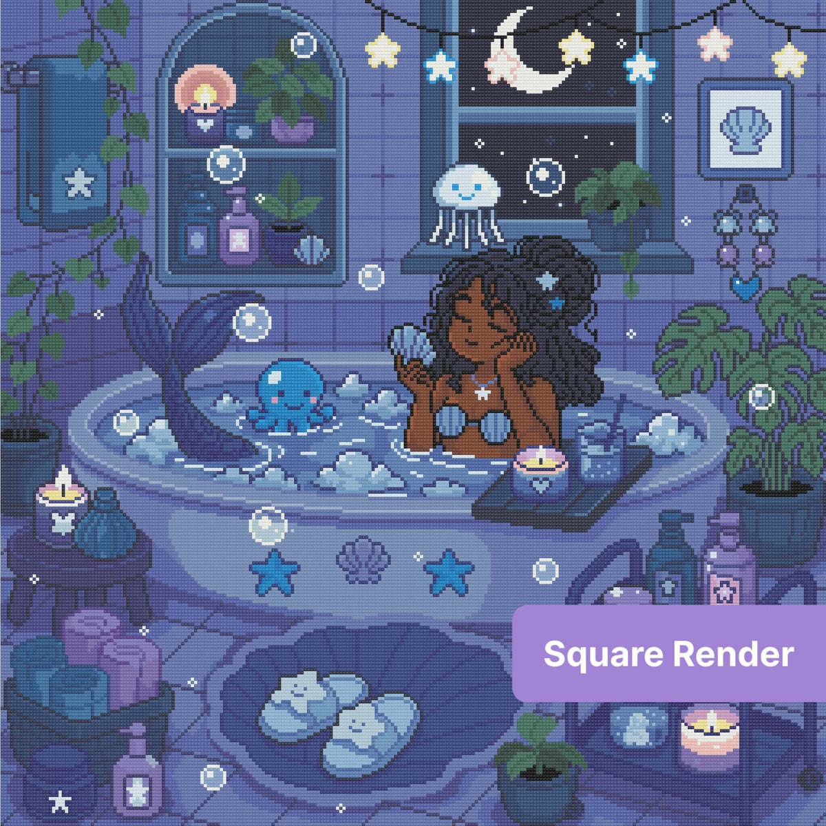 Mermaid bathing in a moonlit fantasy room with shells, stars, candles, and pastel blue tones