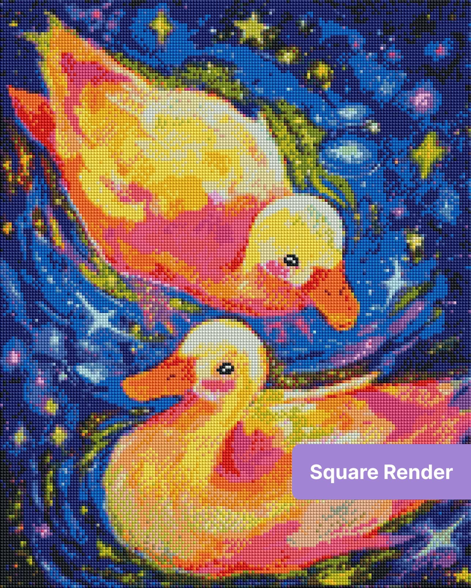 Two colorful ducks floating through a vibrant starry galaxy in whimsical watercolor style