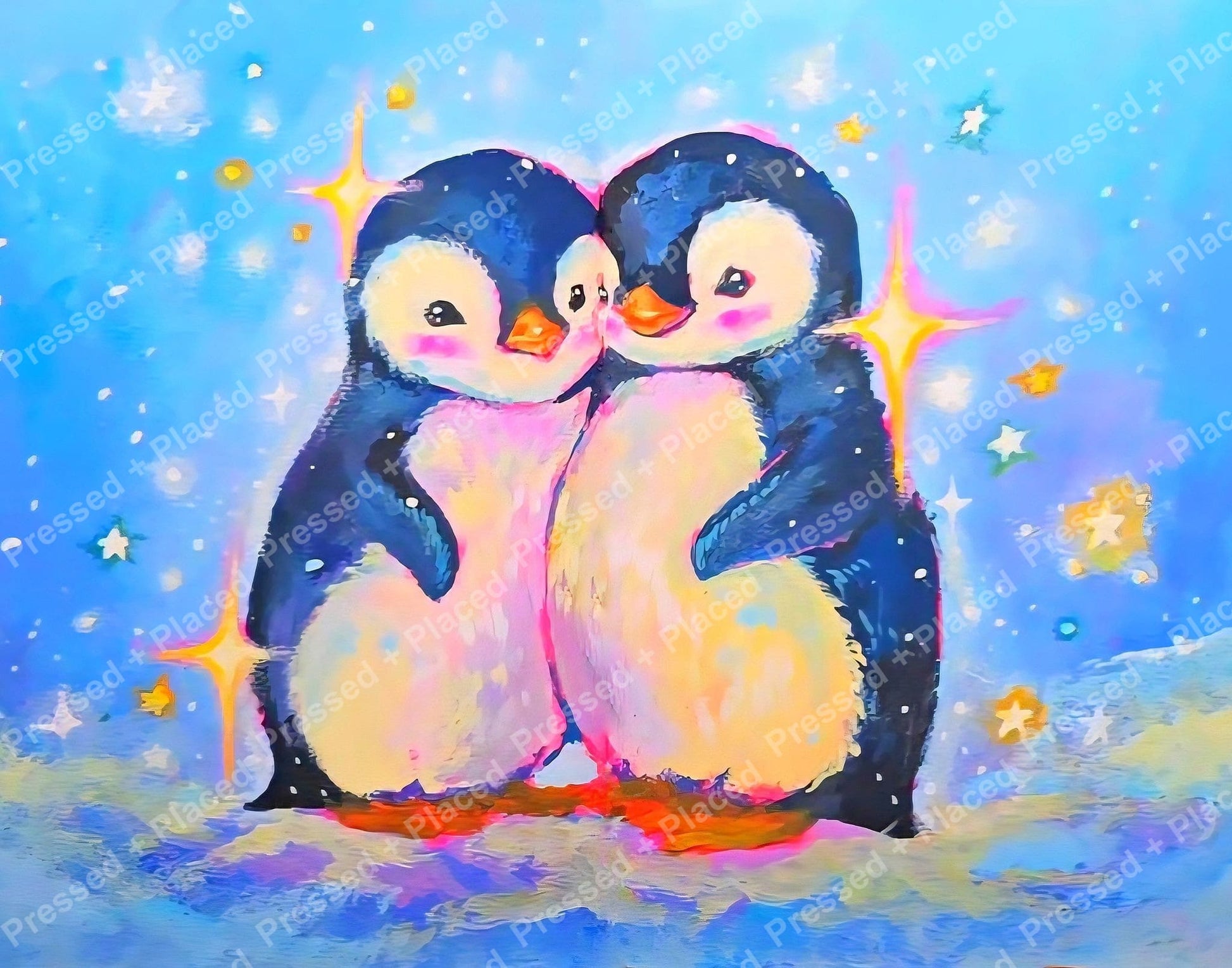 Two cute baby penguins in a pastel watercolor style with sparkling stars and blue background