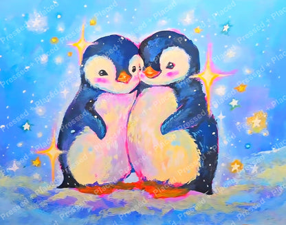 Two cute baby penguins in a pastel watercolor style with sparkling stars and blue background