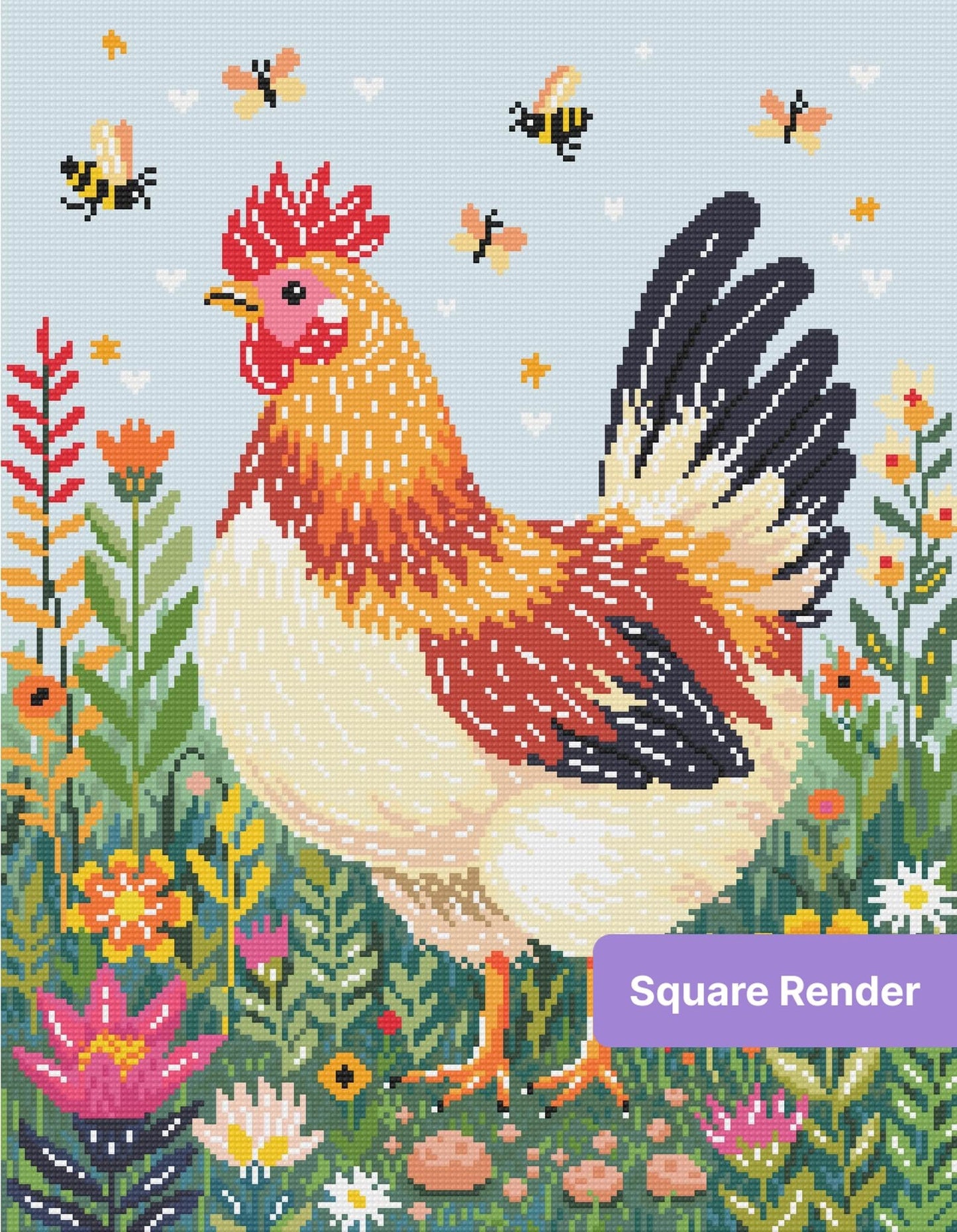 Colorful rooster in a floral garden with butterflies, whimsical painted style