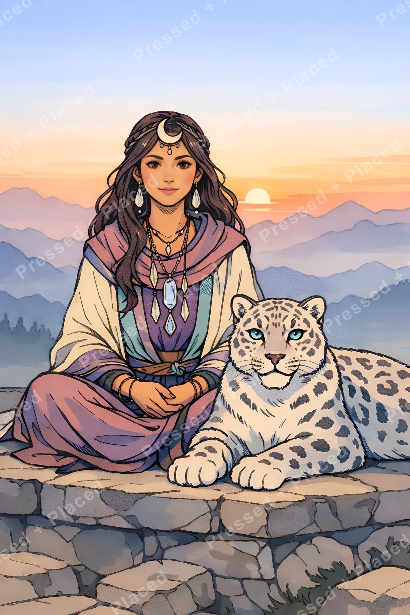 Fantasy woman with snow leopard at sunset in soft pastel mountain landscape