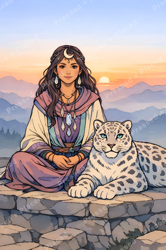 Fantasy woman with snow leopard at sunset in soft pastel mountain landscape
