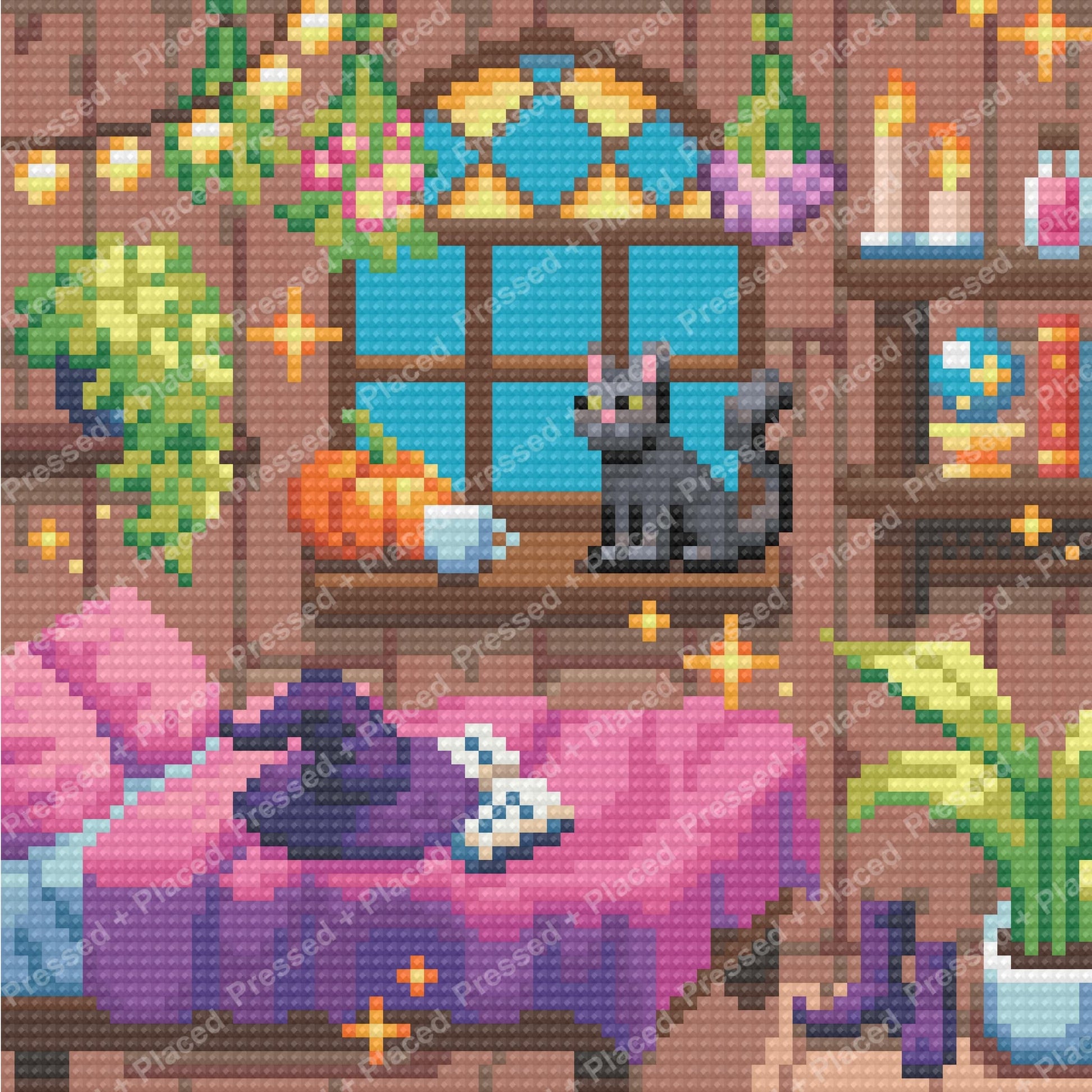 Black cat by a window in a cozy colorful room with flowers and candles