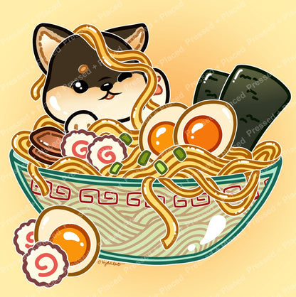 Cute cartoon ca in a bowl of ramen with eggs, seaweed, and noodles