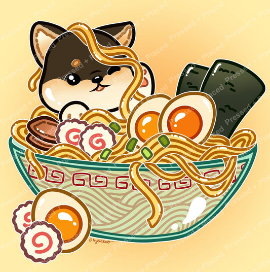 Cute cartoon ca in a bowl of ramen with eggs, seaweed, and noodles