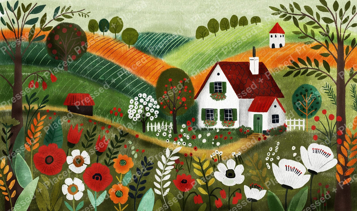 Whimsical countryside cottage with rolling hills, wildflowers, and red-roofed houses