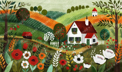 Whimsical countryside cottage with rolling hills, wildflowers, and red-roofed houses