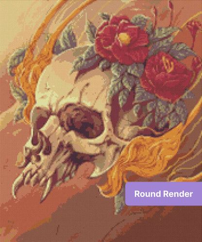 Illustrated skull with red roses and flowing golden accents in a gothic fantasy style