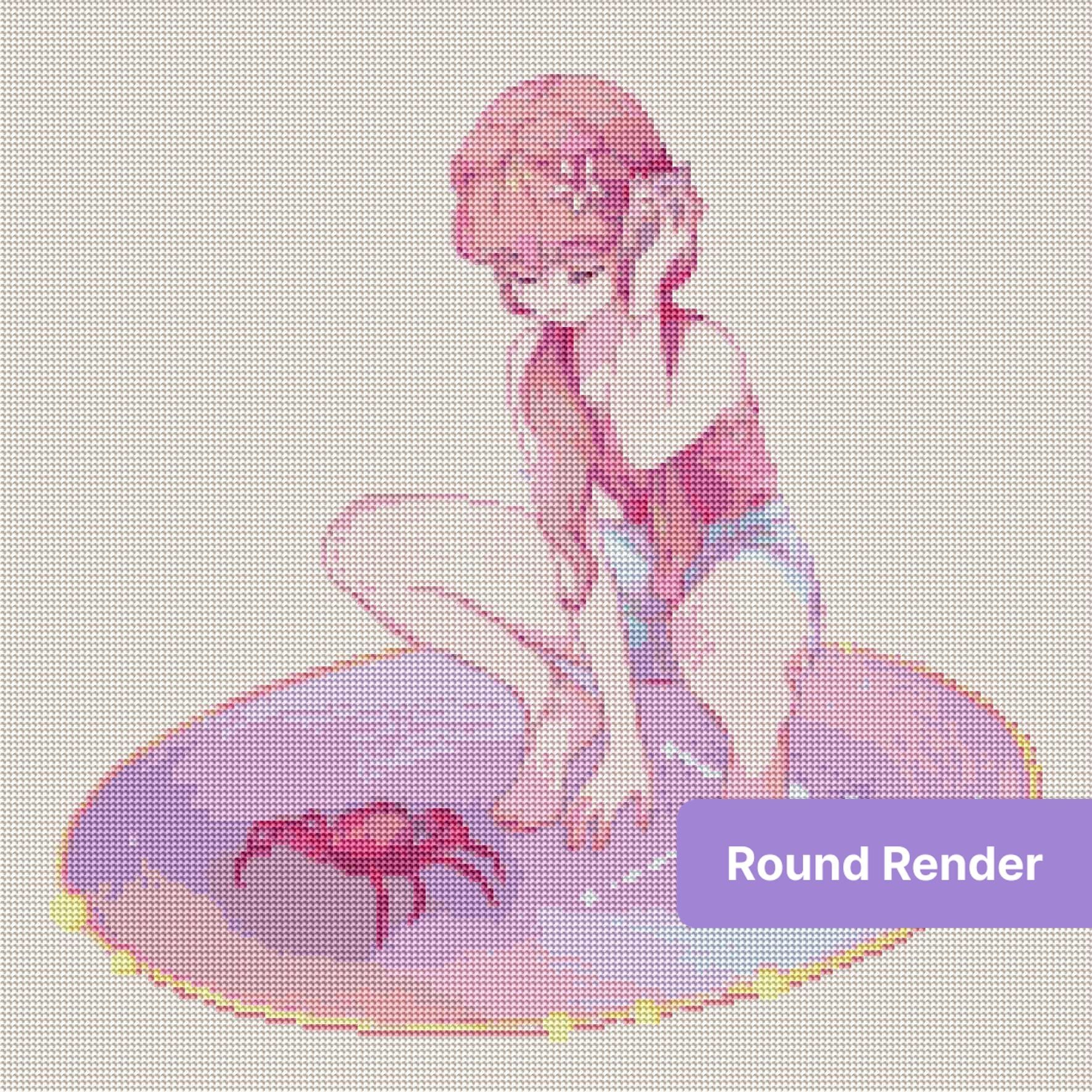 Anime-style girl with pink hair kneeling beside a crab on a pastel glowing mat