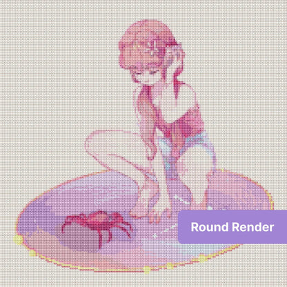 Anime-style girl with pink hair kneeling beside a crab on a pastel glowing mat