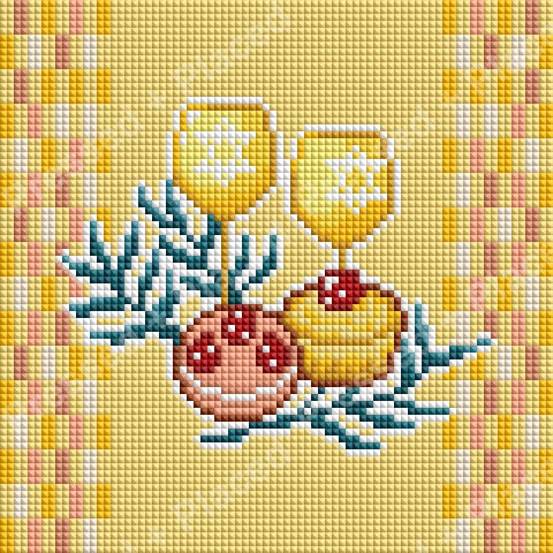 Festive Christmas ornaments with evergreen branches on a warm yellow plaid background