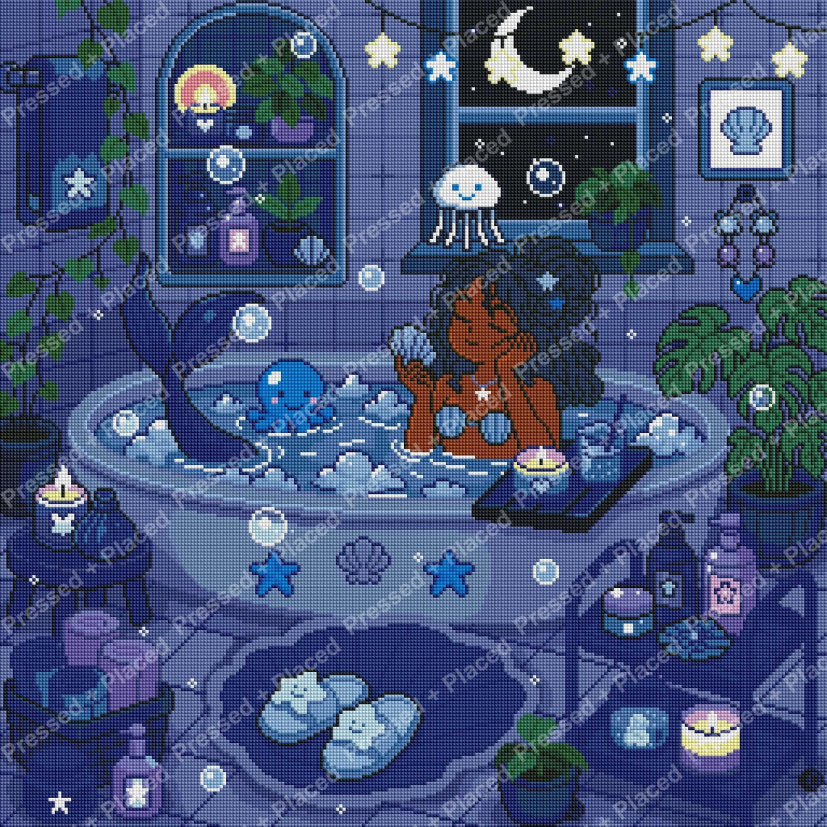 Mermaid bathing in a moonlit fantasy room with shells, stars, candles, and pastel blue tones