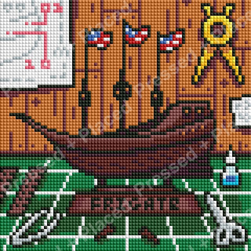 Pixel-art pirate ship diamond painting with flags, sails, and ocean details