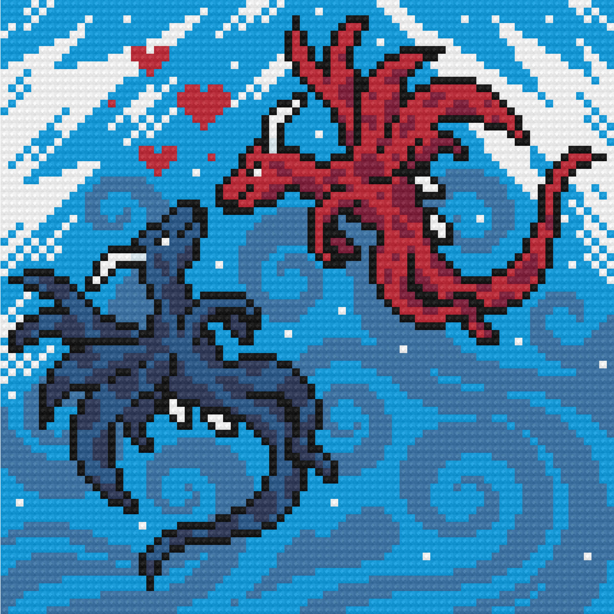Four pixel-style baby dragon diamond painting designs in colorful fantasy scenes