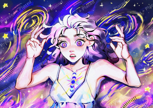 Anime-style celestial girl with swirling cosmic colors and starry fantasy background