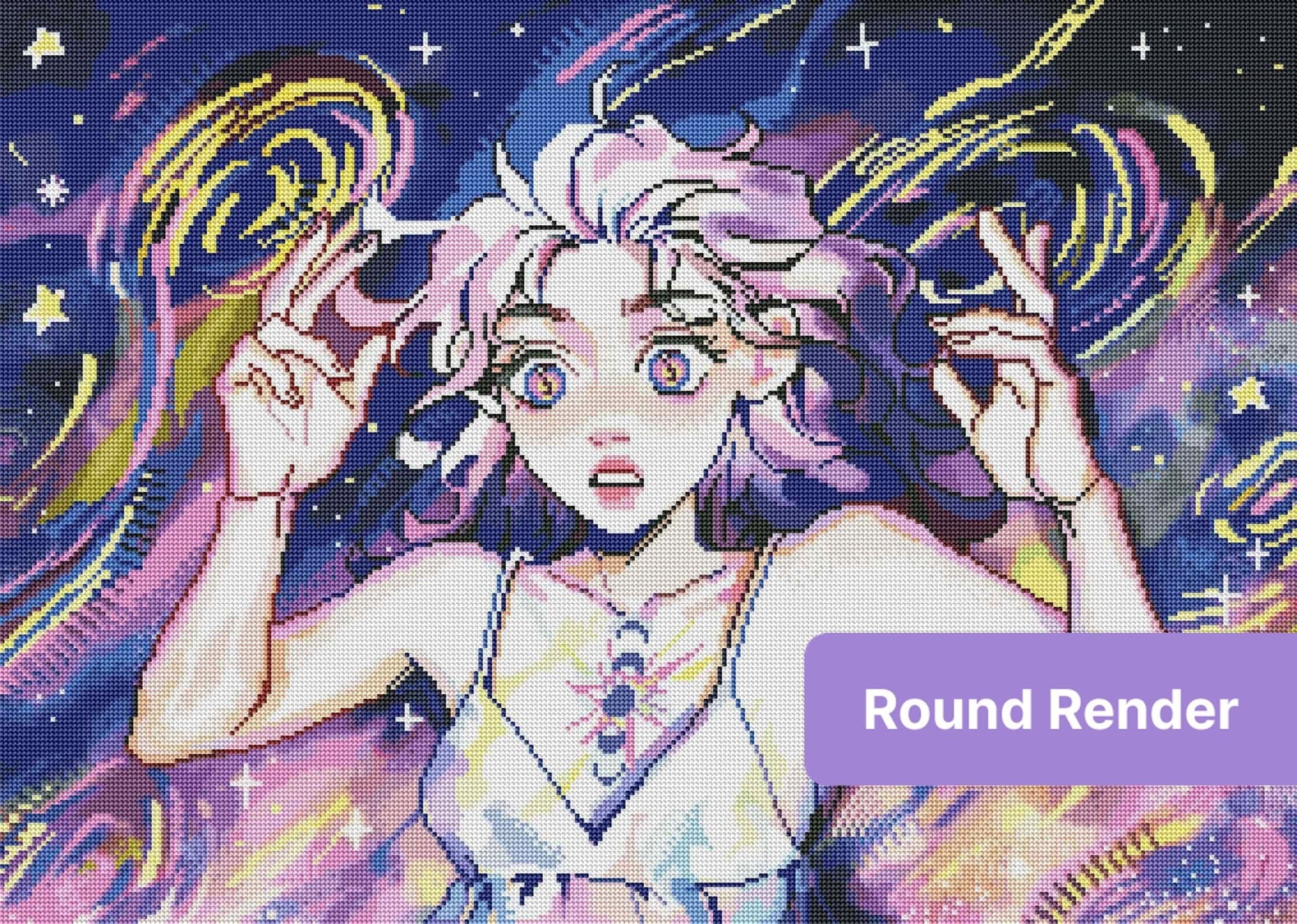 Anime-style celestial girl with swirling cosmic colors and starry fantasy background