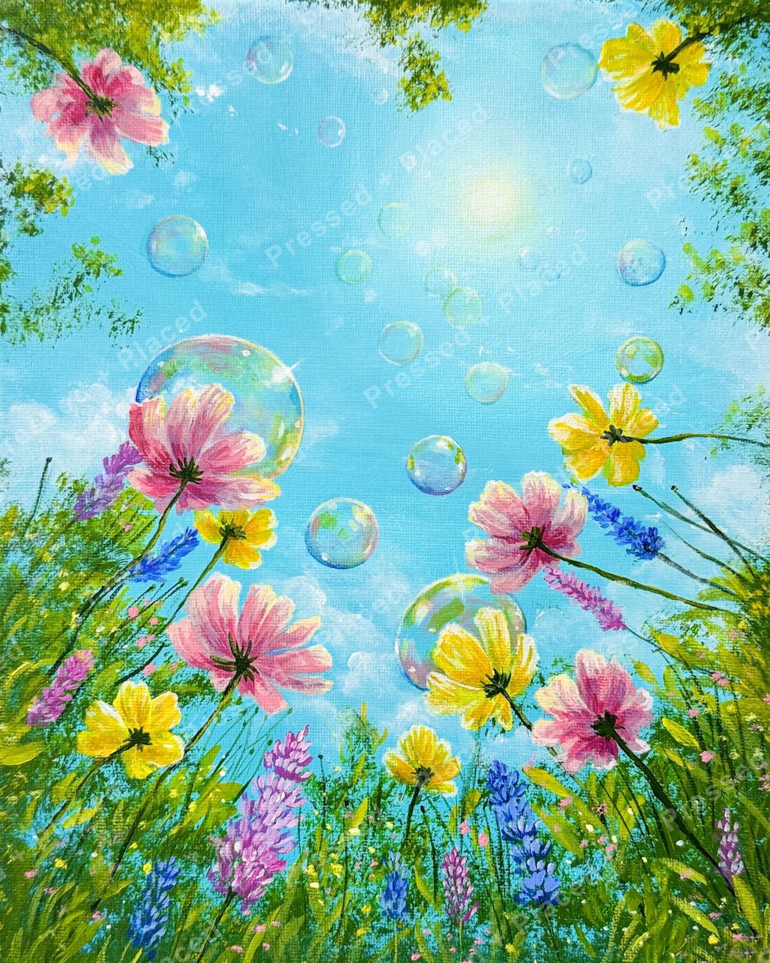 Colorful floral meadow diamond painting with pink and yellow flowers under a bright blue sky