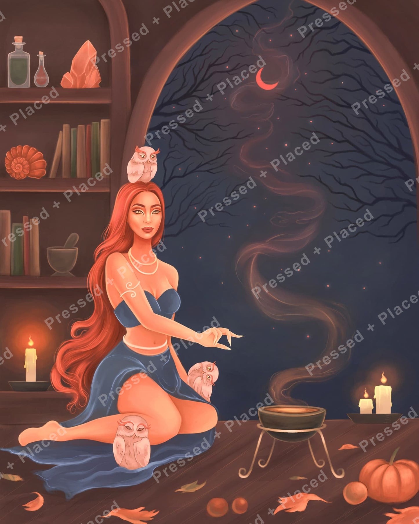 Fantasy woman with owls, candles, and moonlit gothic autumn decor