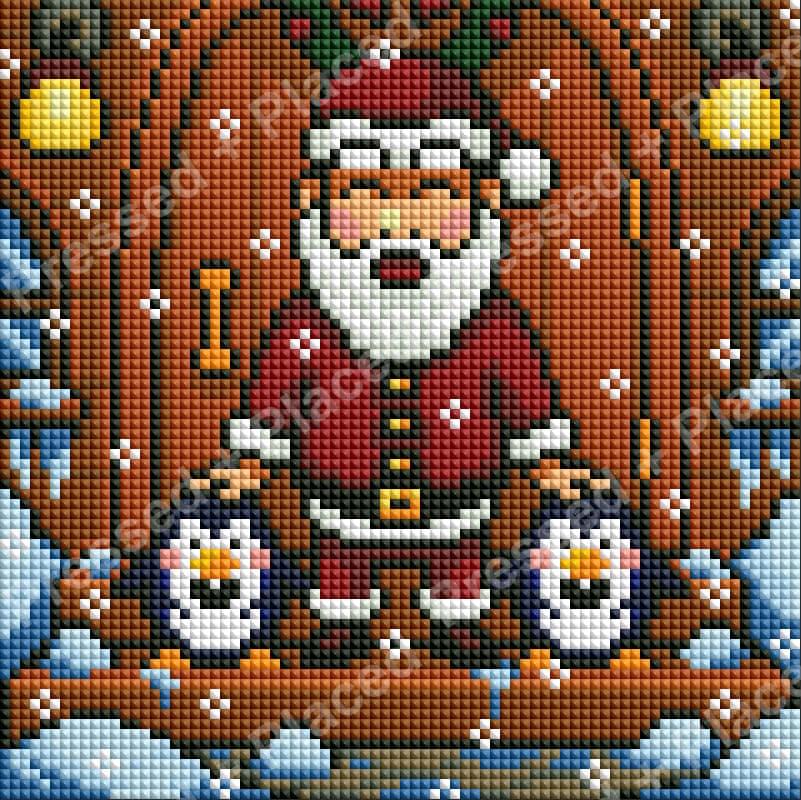 Santa Claus with penguins in a snowy winter diamond painting design