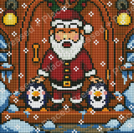 Santa Claus with penguins in a snowy winter diamond painting design