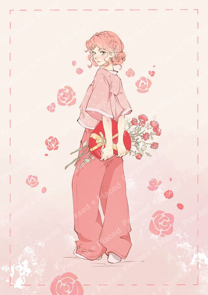 Anime-style pink-haired girl holding flowers with soft rose accents and pastel tones