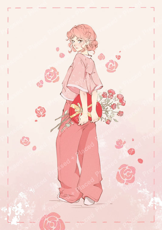 Anime-style pink-haired girl holding flowers with soft rose accents and pastel tones
