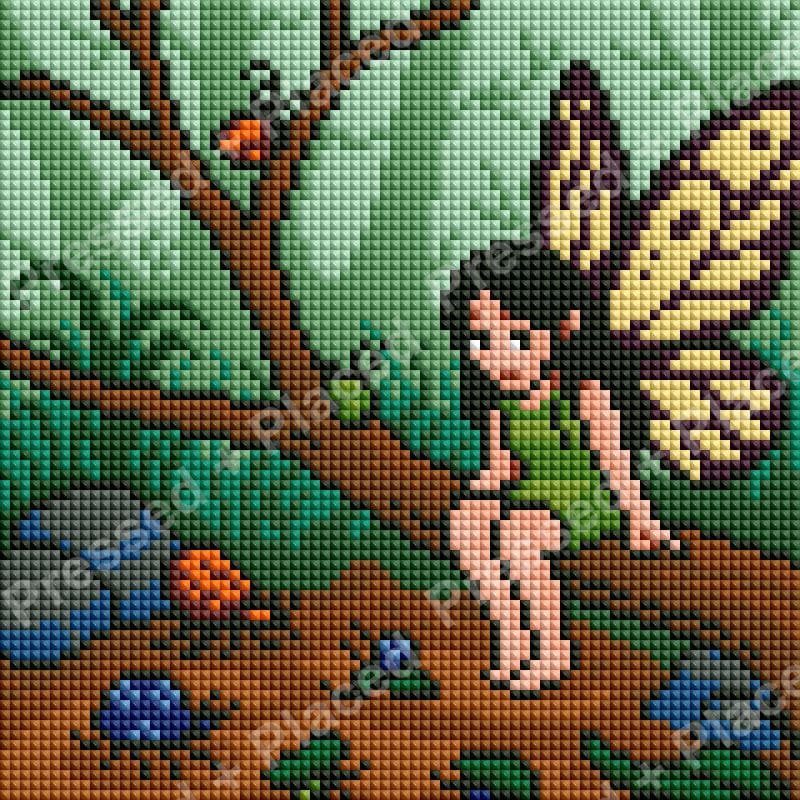 Fairy with butterfly wings sitting on a branch in a whimsical forest scene