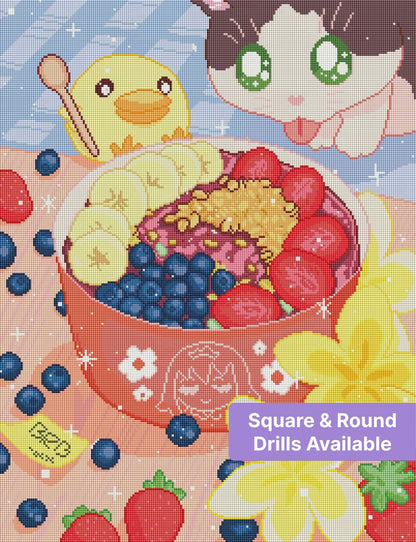 Cute kawaii cat and chick with colorful berry breakfast bowl in pastel style