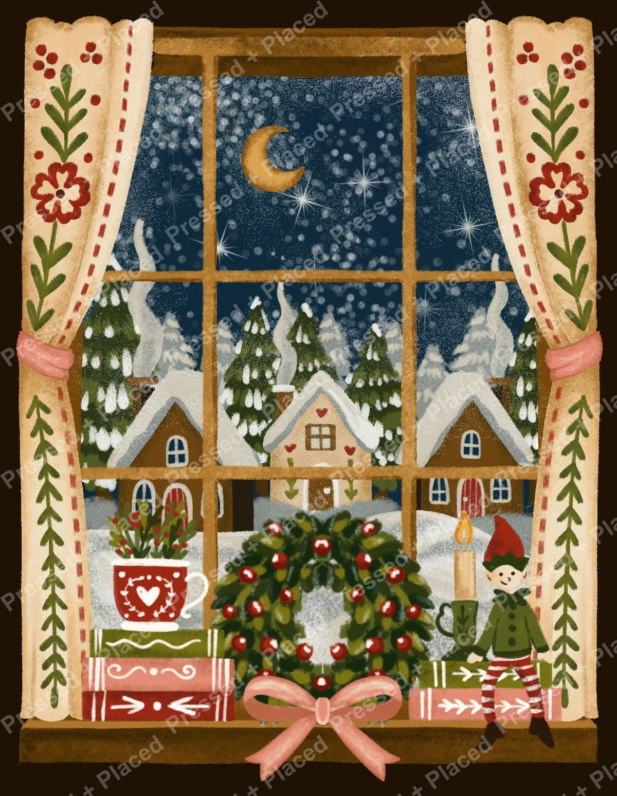 Festive winter window scene with snowy village, wreath, candles, and holiday elf in folk-art style