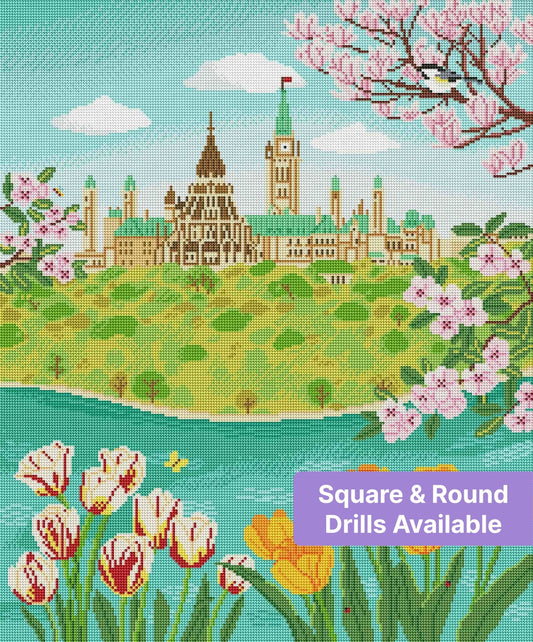 Illustrated Ottawa skyline with tulips, cherry blossoms, river, and spring greenery