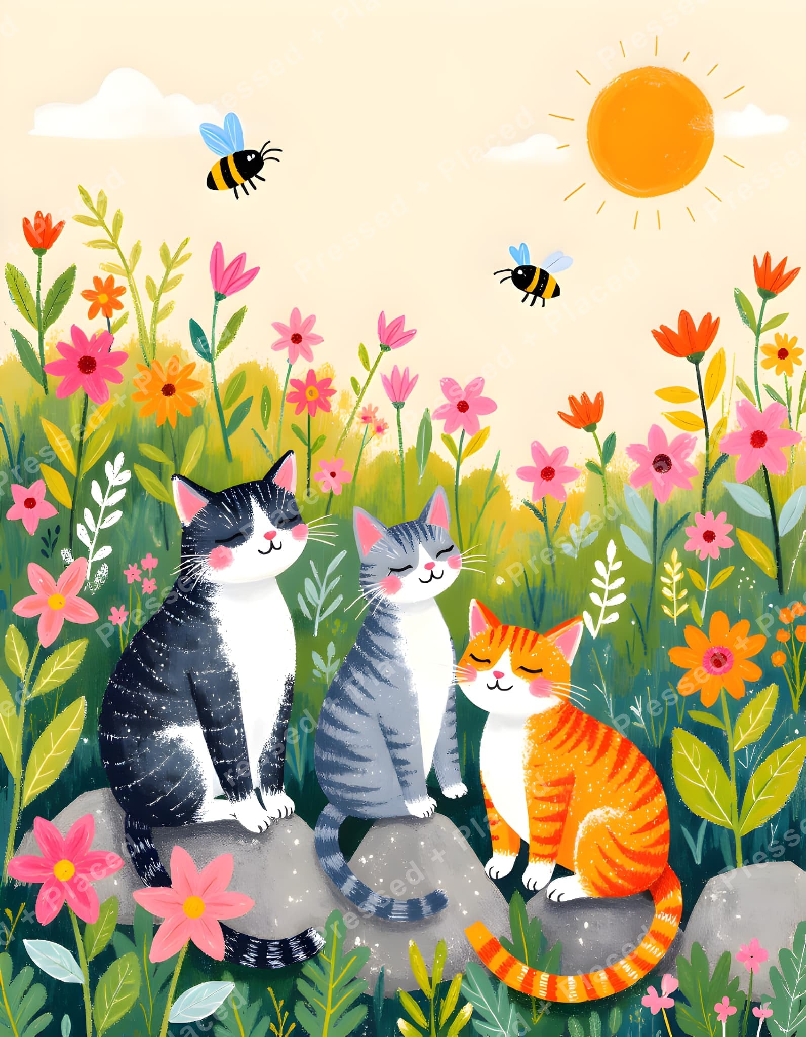 Three cute cats sitting in a colorful flower meadow under a bright sun with bees and blossoms