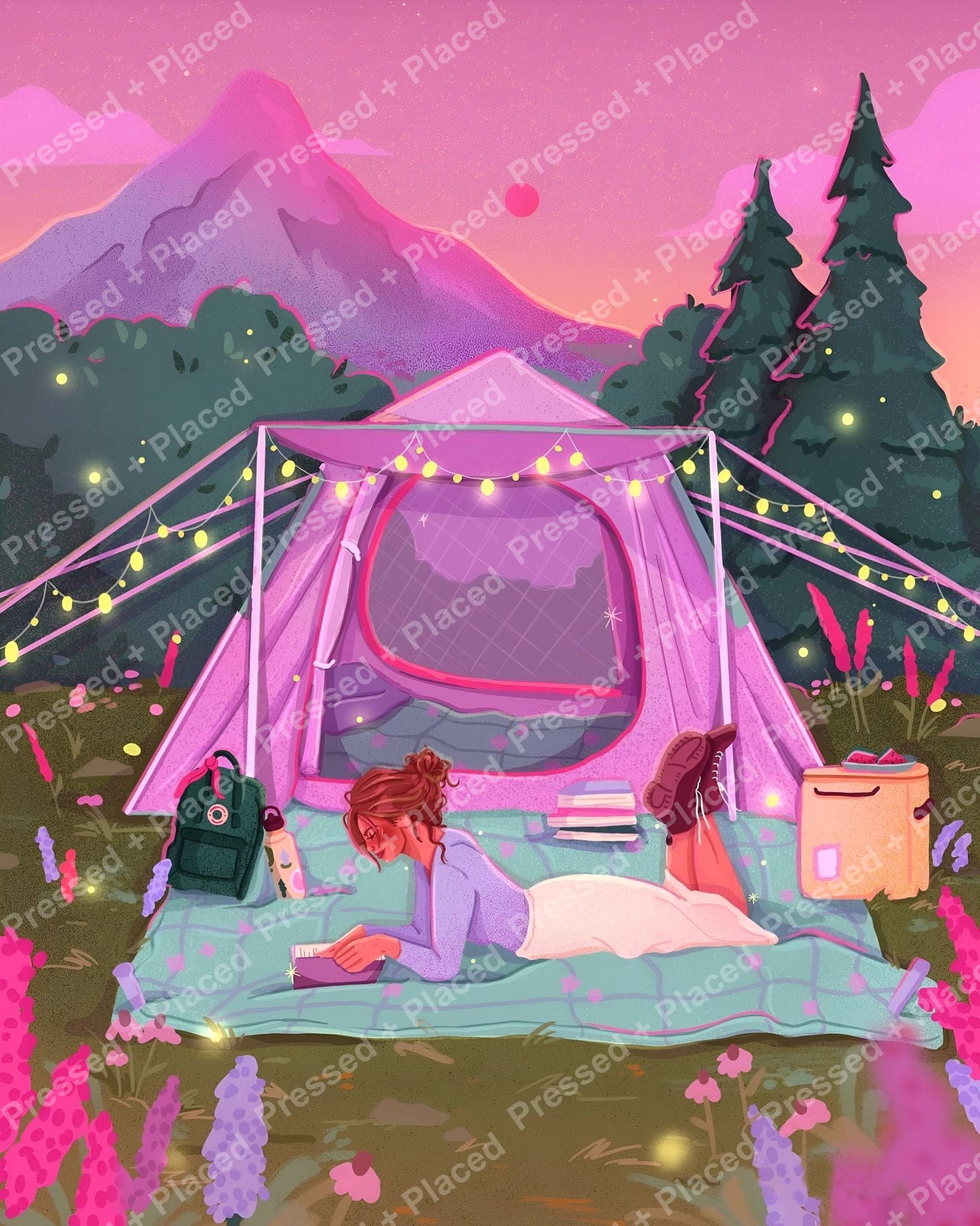 Pastel camping scene with pink tent, string lights, mountains, and a woman reading outdoors