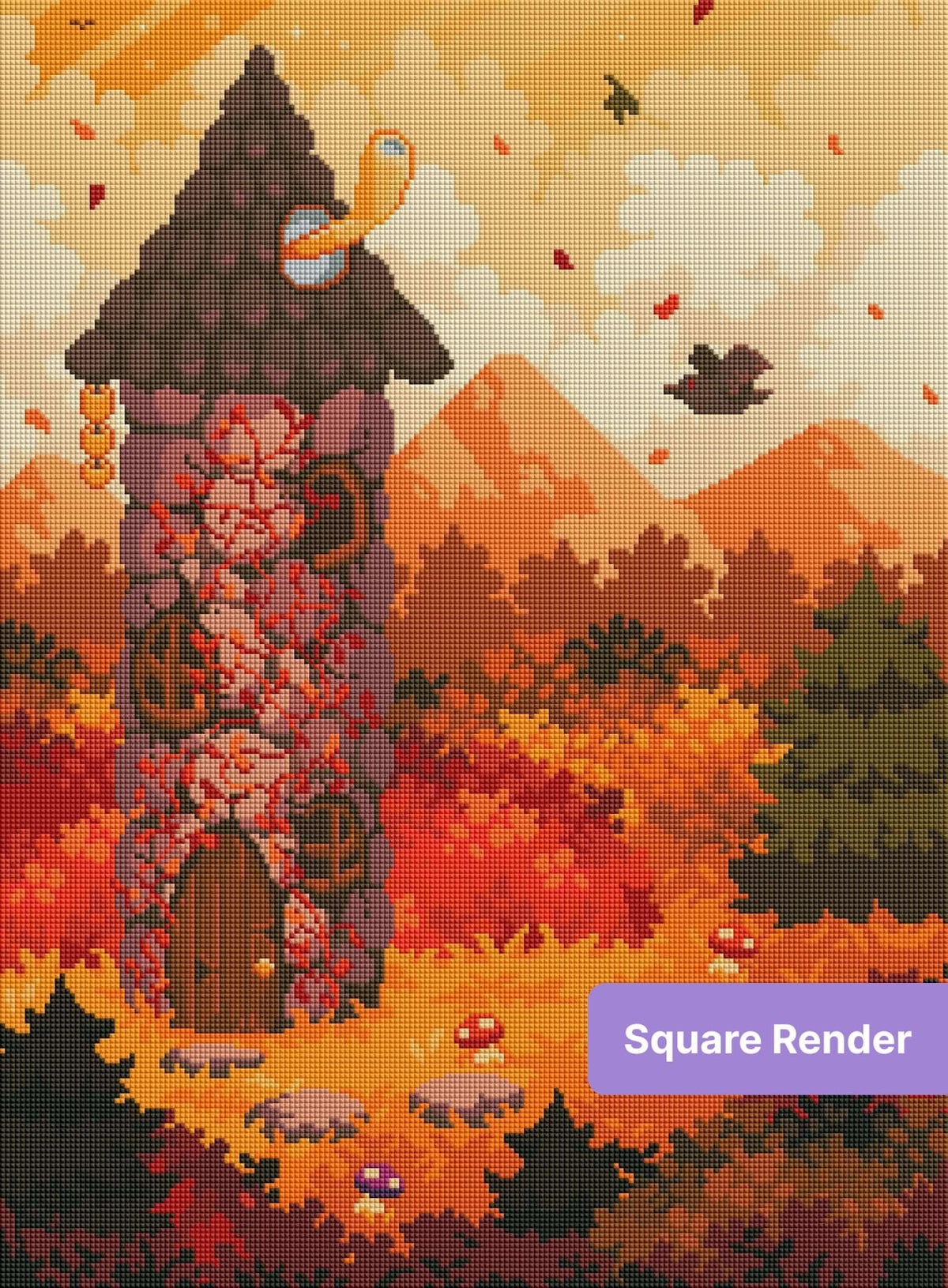 Pixel art forest tower surrounded by vivid autumn trees and warm mountain scenery