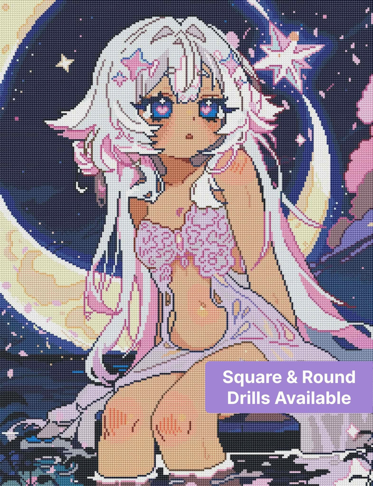 Anime moon girl with white hair, star accents, and pastel fantasy night sky